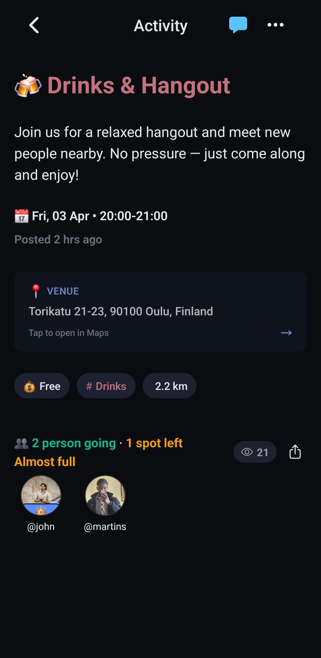 Activity Venue Revealed